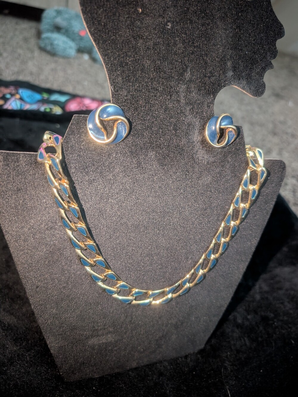 Gold-Tone Blue Enamel Link Necklace & Knot Earrings Set